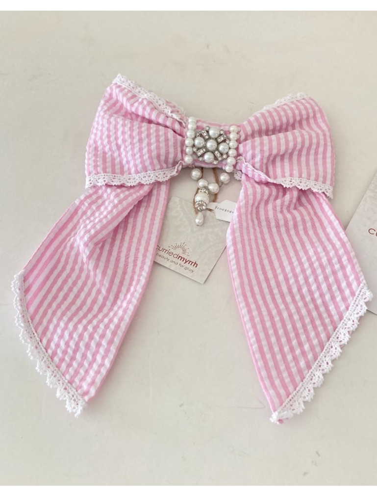 Anthropologie Pink And White Seersucker Bow Hair Clip With Pearl Center